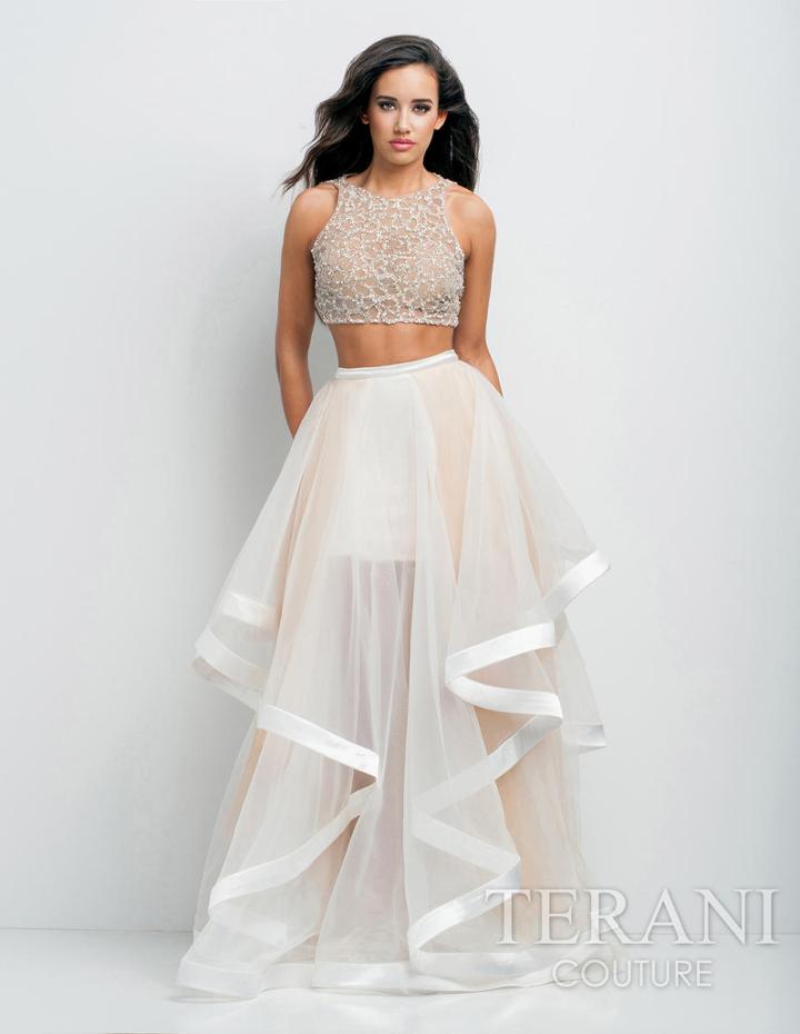 Terani Prom - Beaded Crop Top And Ruffled Mesh Skirt Long Gown Ensemble 151p0102a