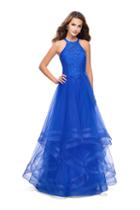 La Femme - 25671 High Halter Lace Bodice Tiered Tulle Gown