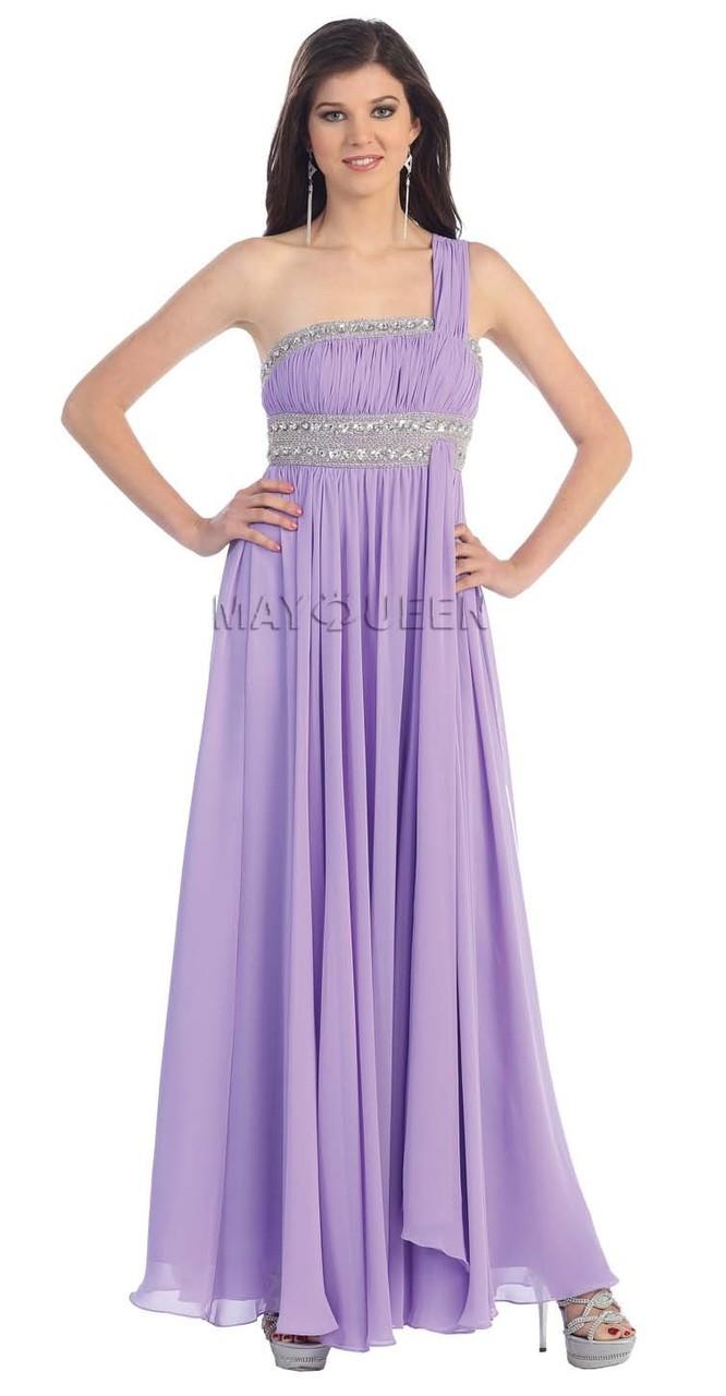 May Queen - One Shoulder Strap Bejeweled Ruched Straight Neck Chiffon A-line Dress Mq748