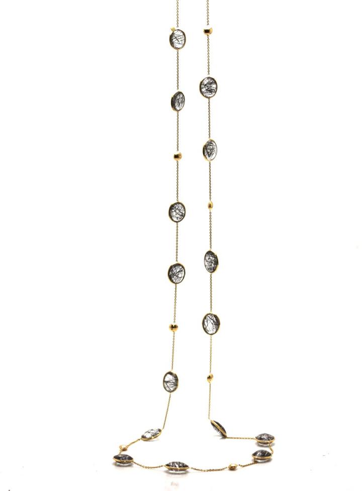 Tresor Collection - Black Rutile Oval Long Necklace In 18k Yellow Gold