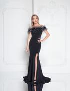 Terani Couture - 1811e6105x Feathered Off The Shoulder Evening Gown