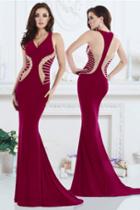 Janique - Long V-neck Halter Gown With Shimmering Embellishment K6514
