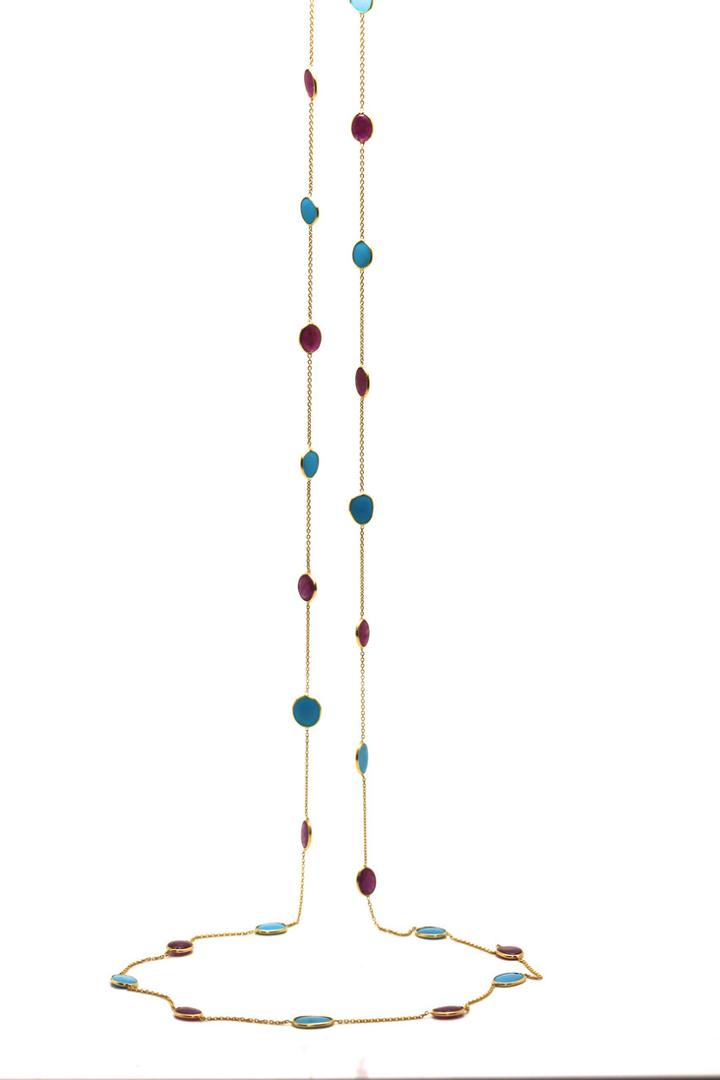 Tresor Collection - 18k Yellow Gold Long Necklace With Turquoise & Ruby