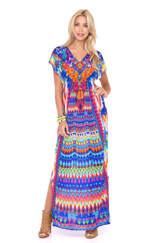 Luli Fama - Tribal Beach Cap Sleeve Long Caftan In Multicolor (l455990)