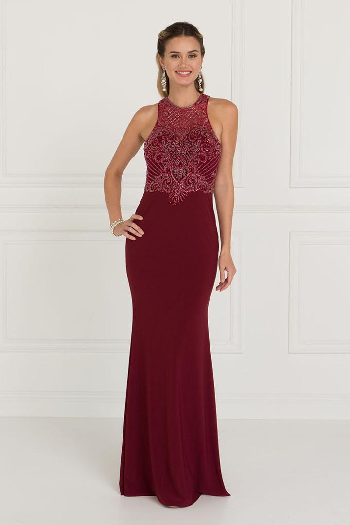 Elizabeth K - Gl1507 Illusion Tonal Beaded Jersey Sheath Gown