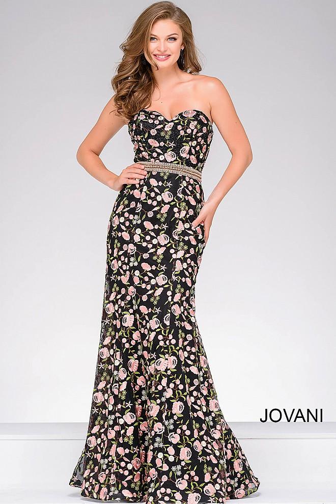 Jovani - Strapless Floral Long Dress 47739