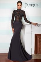 Janique - High Neck Long Sleeved Sheer Beaded Bodice Jersey Gown W1003