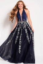 Jovani - 54451 Plunging Halter Floral Embroidered Prom Gown