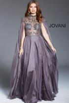 Jovani - 48131 Beaded High Neck Chiffon A-line Gown With Cape