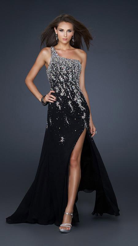 La Femme - Jewel Embellished Asymmetric Neck Chiffon A-line Gown 17706