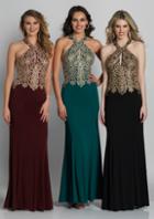 Dave & Johnny - A6046 Gilt Lace Halter Cutout Gown