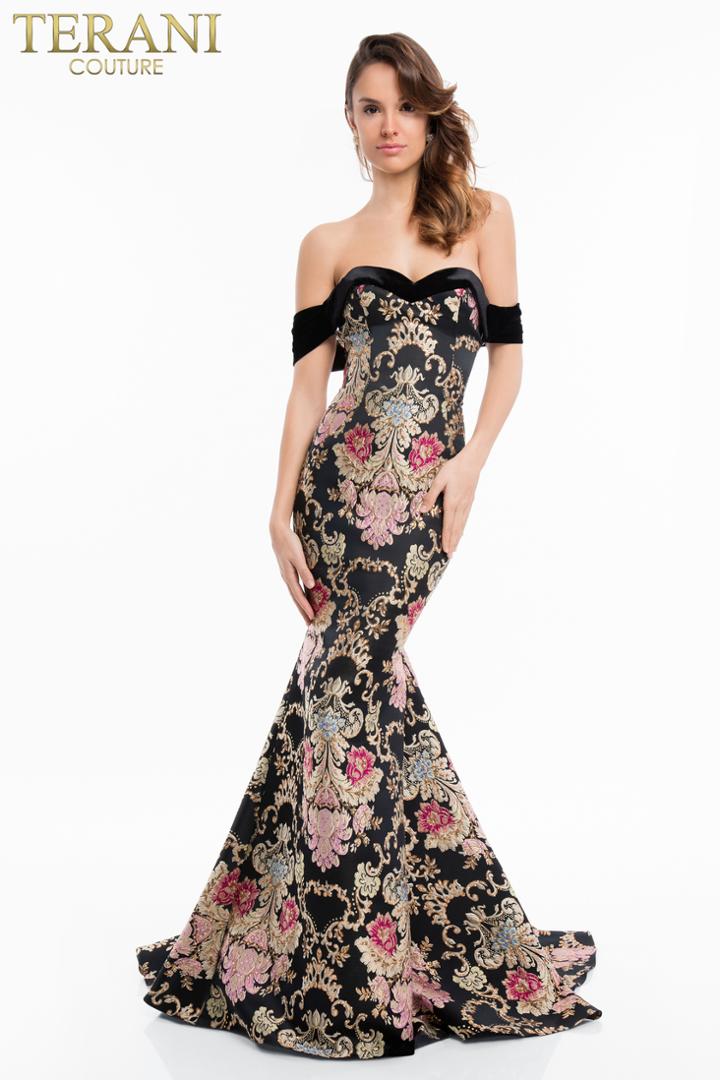 Terani Couture - 1821e7114 Off Shoulder Velvet Fitted Mermaid Gown