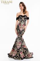 Terani Couture - 1821e7114 Off Shoulder Velvet Fitted Mermaid Gown