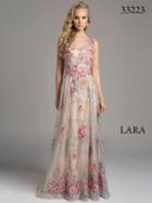 Lara Dresses - Embroidered Jewel Illusion Evening Gown With Silver Trimming And Rhinestone Embellishments 33223