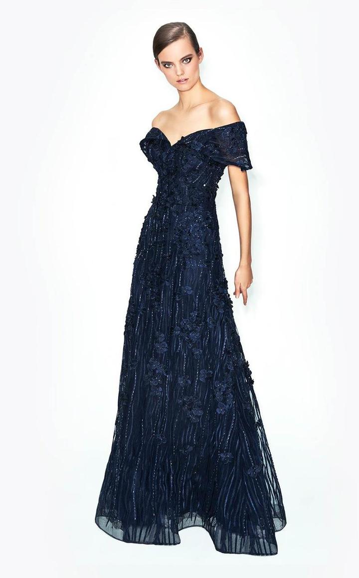 Daymor Couture - 579 Folded Off Shoulder Lace Evening Gown