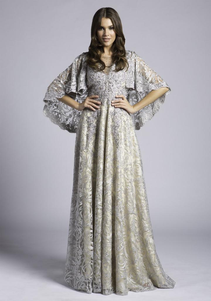 Lara Dresses - 33492 Cape Sleeves Jeweled Applique A-line Gown