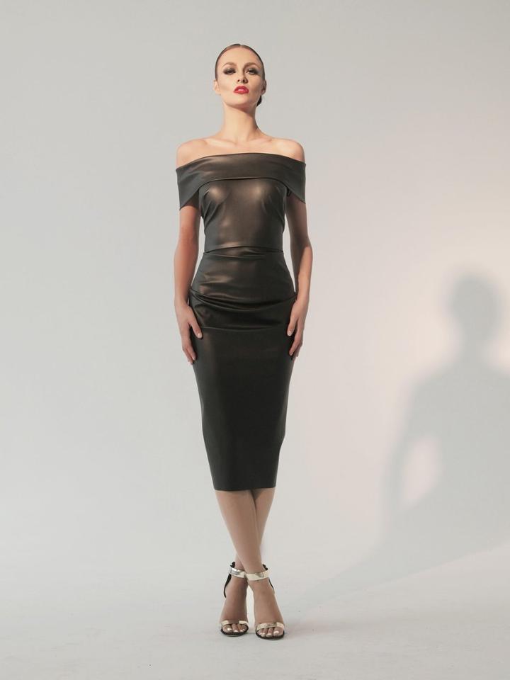 Nicole Bakti - 546pl Off-shoulder Leather Tea Length Dress