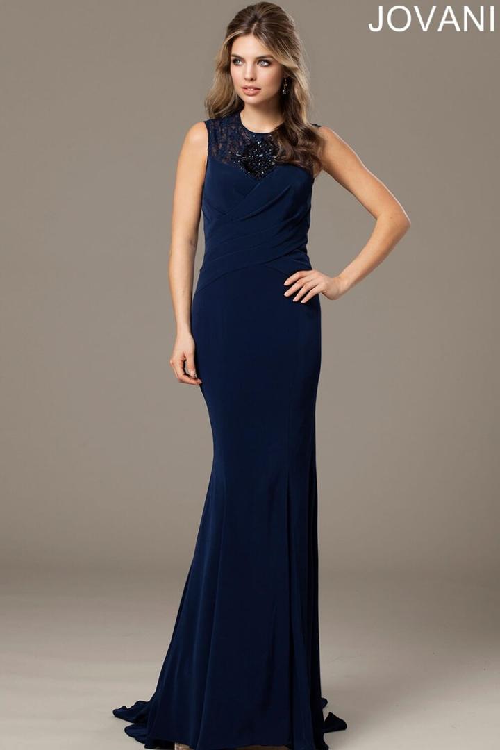 Jovani - Beaded Illusion Jewel Neck Sweep Train Gown 98793