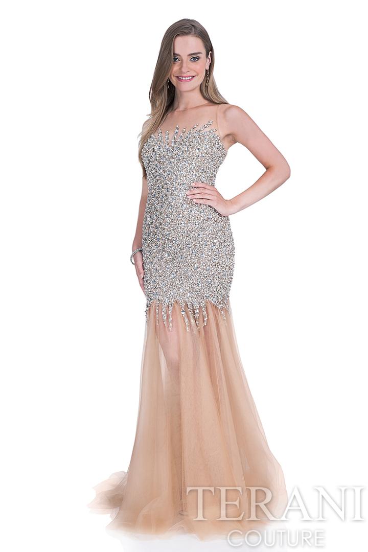 Terani Evening - Rhinestone Embellished Sheer Evening Dress 1611p0284
