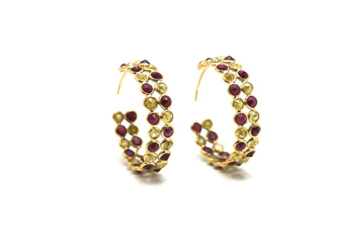Tresor Collection - Rose Cut Champaign Diamond And Ruby Double Row Hoop Earrings In Yellow Gold