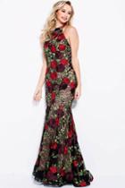 Jovani - 54679 Floral Embroidered Halter Lace Side Detail Prom Dress