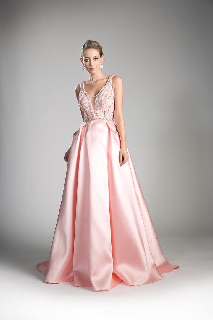 Cinderella Divine - Beaded Deep V-neck Satin Ballgown