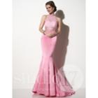 Studio 17 - Lace Halter Top And Satin Trumpet Skirt Evening Gown 12595