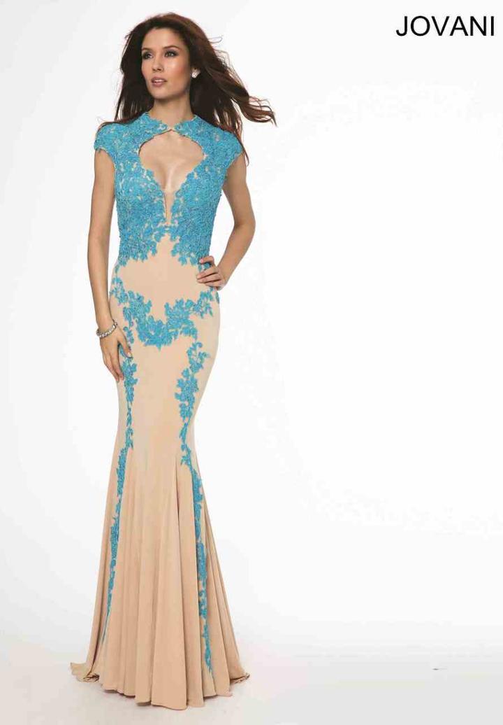 Jovani - High Neck Lace Embellished Nude Mermaid Evening Dress 89902