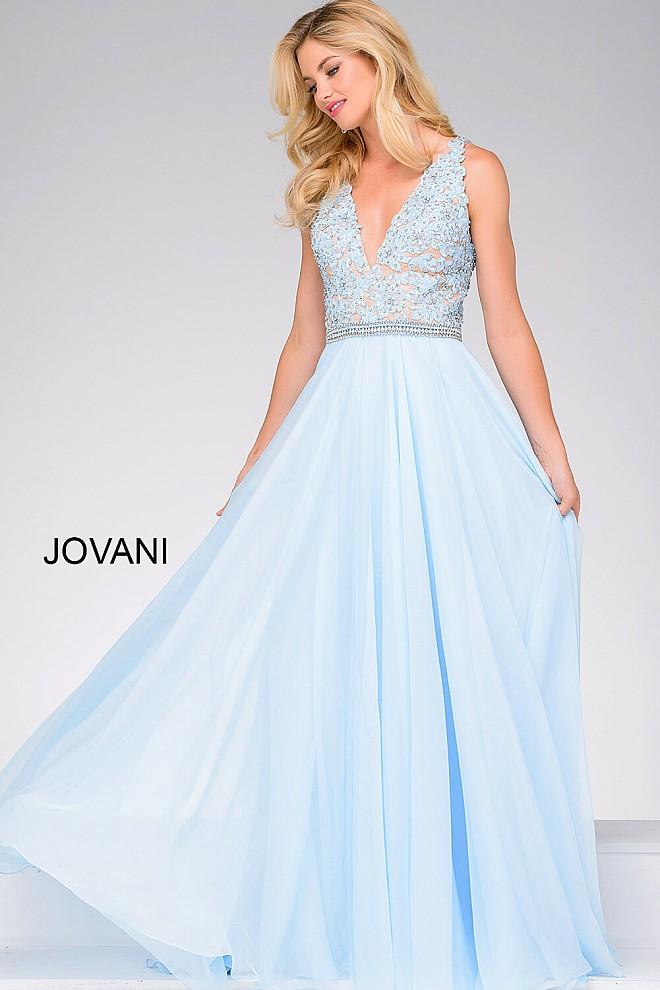 Jovani - V Neck Lace Bodice Prom Dress 47948