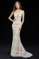 Angela And Alison - 81064 Embroidered Deep V-neck Sheath Dress