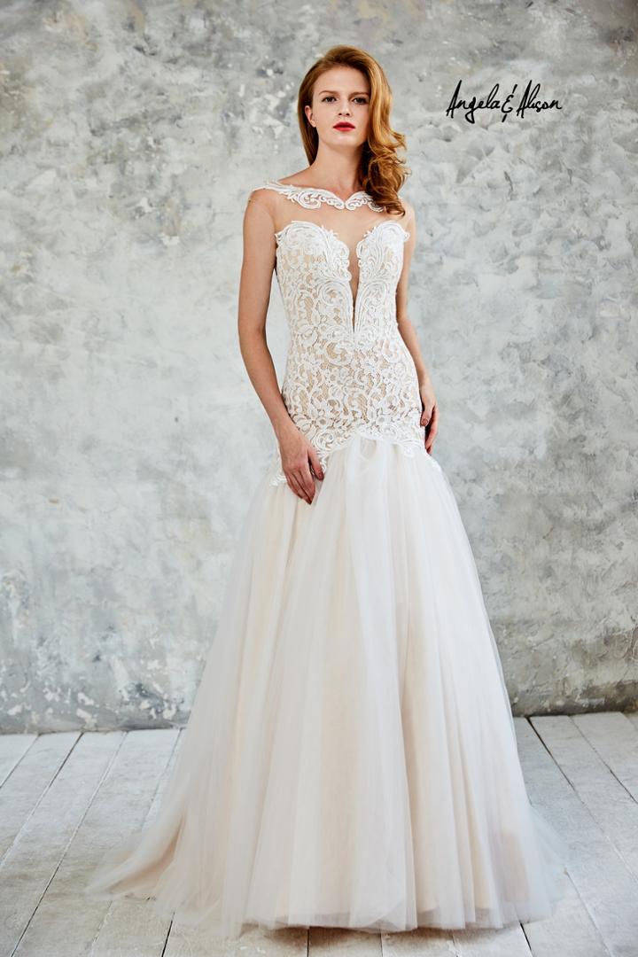 Angela And Alison - 71052 Sequined Lace Sheer Cap Sleeve Trumpet Gown