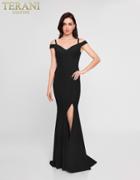 Terani Couture - 1813b5185 Sculpted Off Shoulder High Slit Sheath Gown
