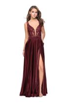 La Femme - 25907 Embroidered Deep V-neck A-line Dress
