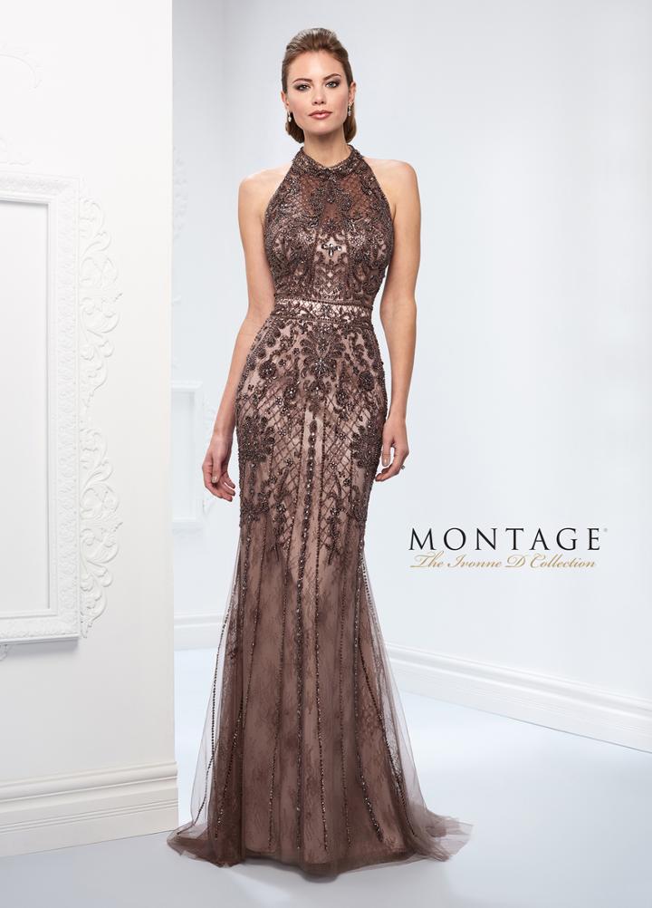 Ivonne D For Mon Cheri - 218d27 Beaded Lace Sheer Halter Fitted Dress