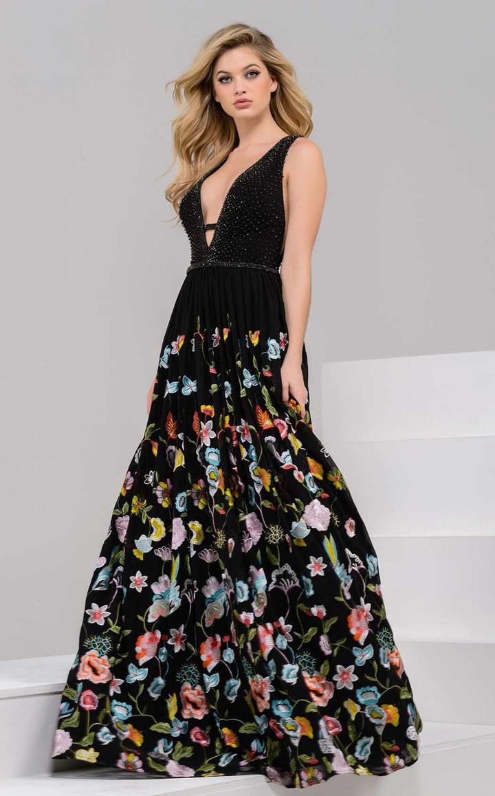 Jovani - 48091 Deep V-neck Floral Print Detail Evening Gown