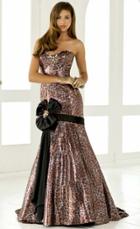 Blush - Strapless Printed Long Gown With Black Ribbon Accent 9284