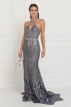 Elizabeth K - Gl1549 Plunging Cutout High Halter Metallic Beaded Gown