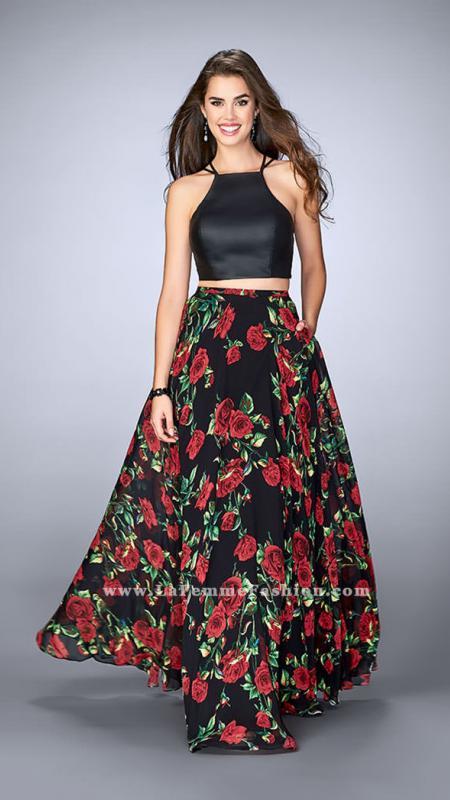 La Femme - Eye-catching Floral And Leather Two-piece Chiffon Dress 24014