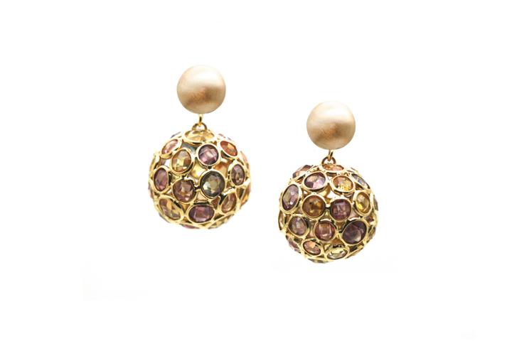Tresor Collection - Multicolor Sapphire Origami Sphere Ball Earring In 18k Yellow Gold