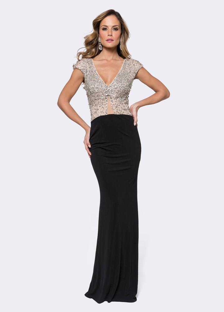 Ashley Lauren - 1188 Crystal Beaded Deep V-neck Sheath Dress