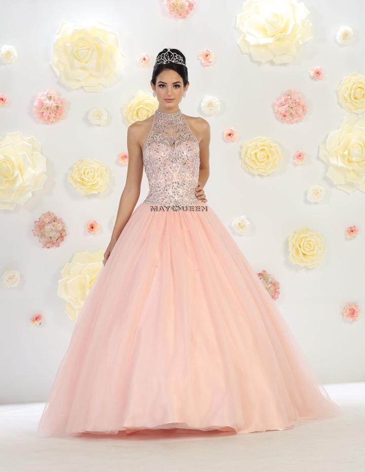Lustrous Jeweled High Neck Ball Gown