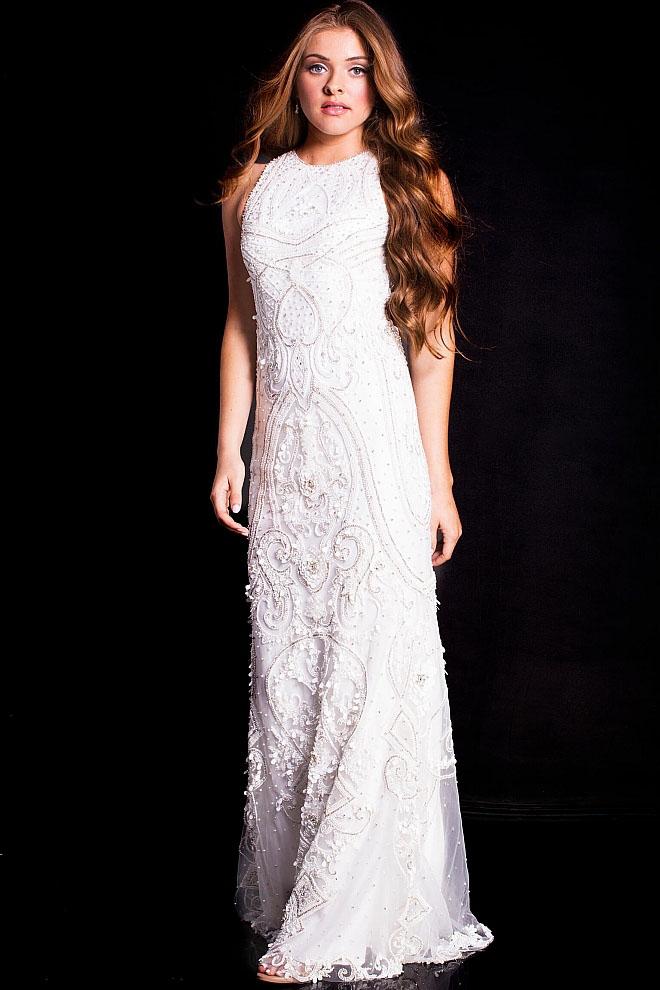 Jovani - 48283 Plunging V-neck Stretch Glitter Jersey Dress
