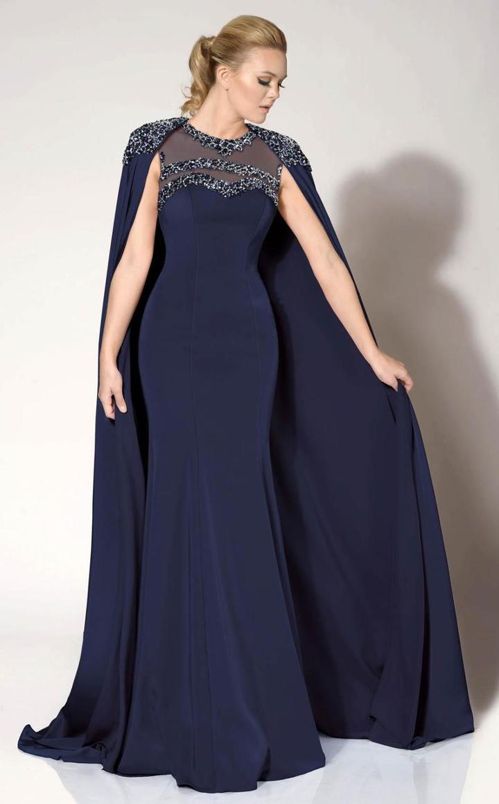 Mnm Couture - Jeweled Trumpet Gown With Cape 10840w