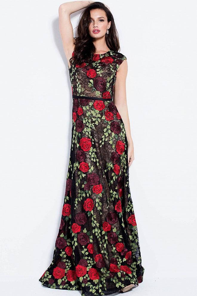 Jovani - 54677 Floral Embroidered A-line Open Back Prom Dress