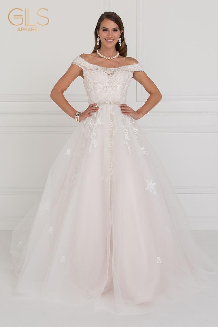 Elizabeth K - Gl1589 Jewel Adorned Off Shoulder Trailing Paneled Gown