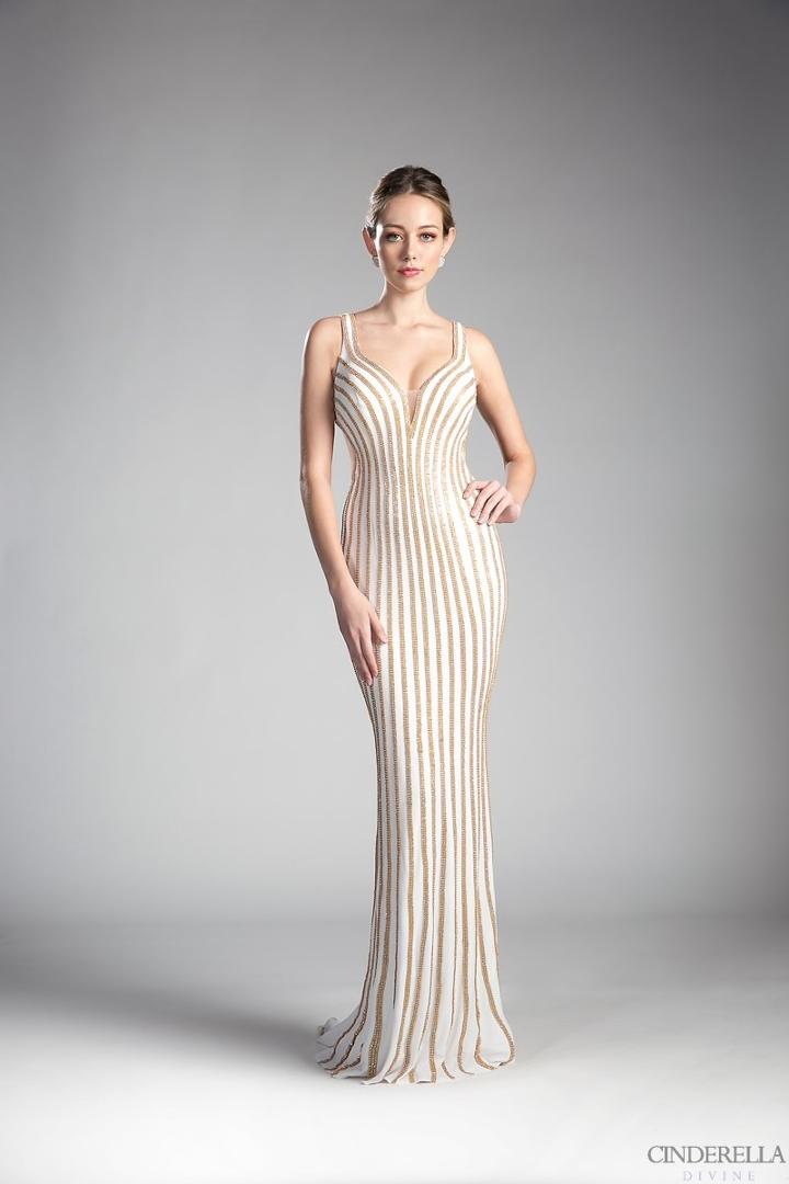 Cinderella Divine - Gold Beaded V-neck Sheath Prom Dress