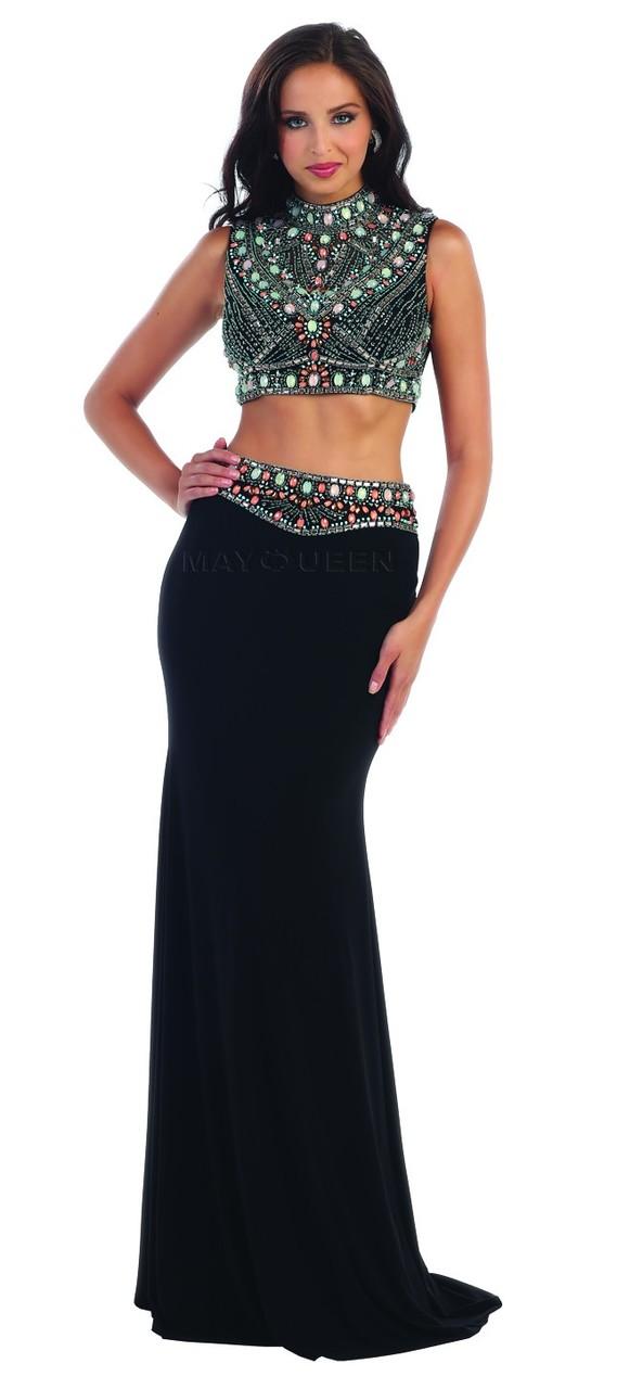 Two-piece Rhinestone Embellished Top With Sheath Jersey Skirt Dress