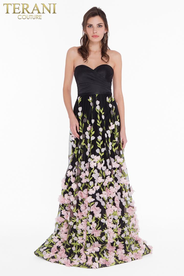 Terani Couture - 1822e7293 Satin Sweetheart Floral Applique Aline Gown