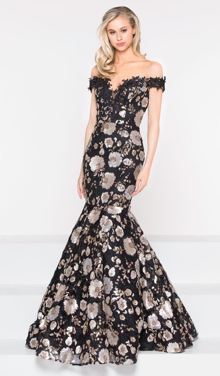 Marsoni By Colors - M236 Floral Appliqued Off-shoulder Mermaid Gown