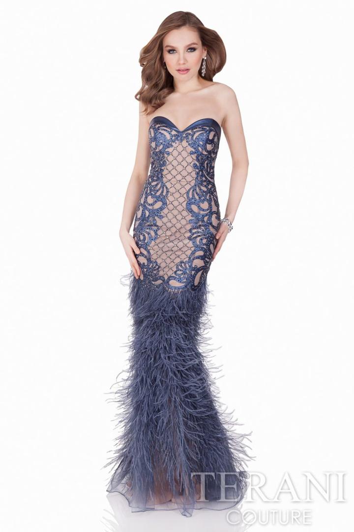 Terani Evening - Strapless Sweetheart Beaded Leather Fit And Flare Feather Gown 1621gl1903